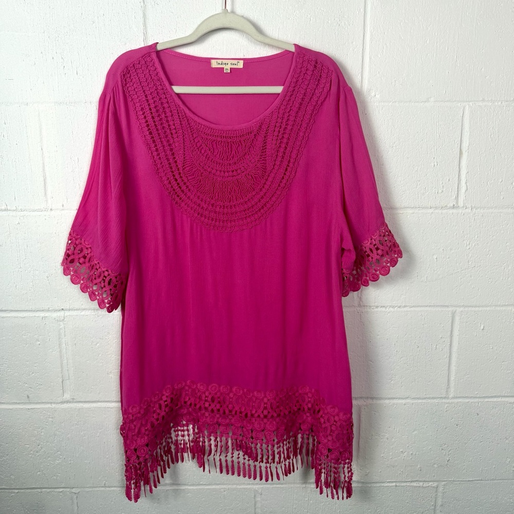 Indigo Soul Tunic Fuchsia Crochet Fringe Bohemian Cottage Colorful Festival 2X‎